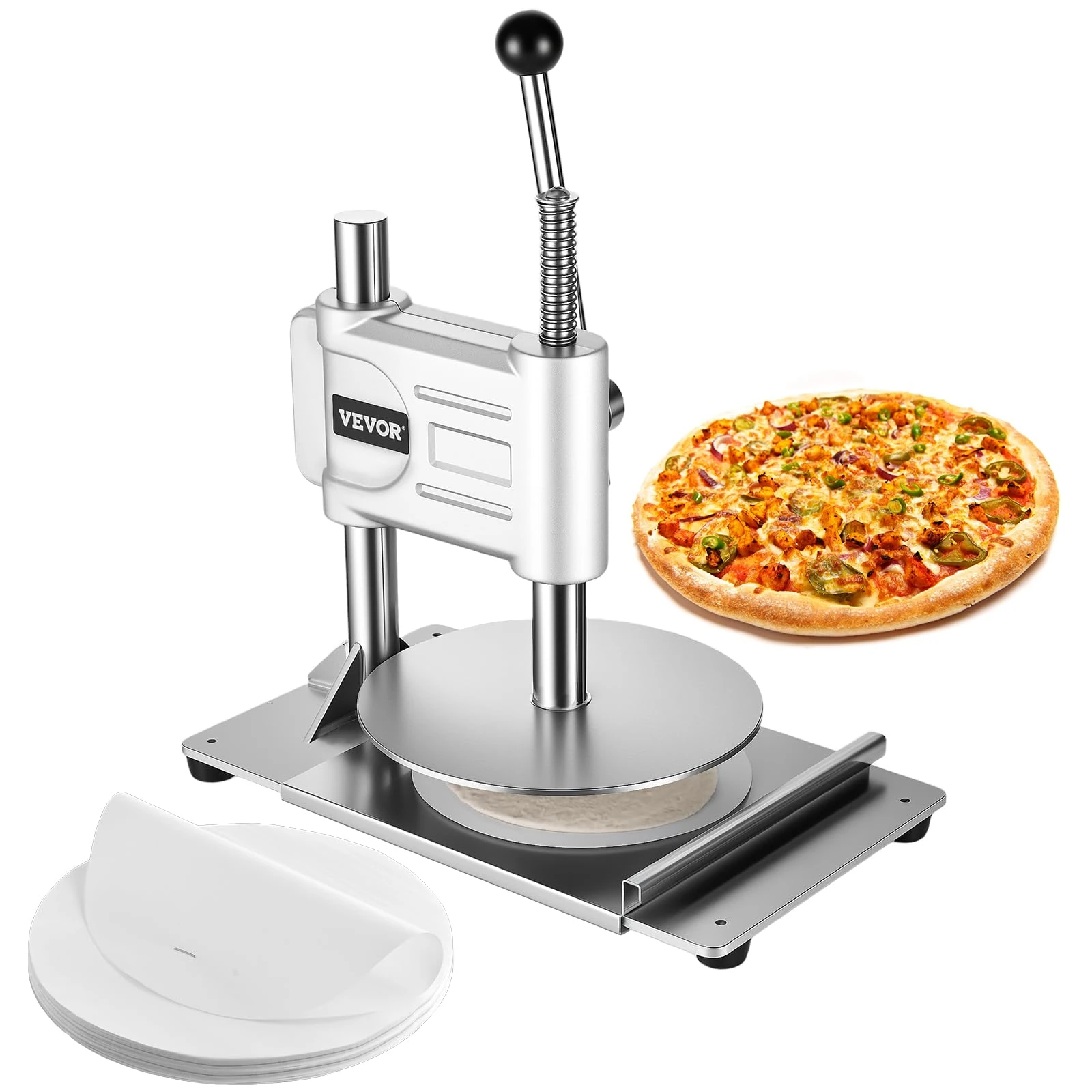 VEVOR Manual Pizza Dough Press Machine, 9.5 inch Pizza Pastry Press Plate, Stainless Steel Bread Presser, Commercial Chapati Sheet Crust Maker, Forming Machine with Handle and 100 Pcs Parchment Paper