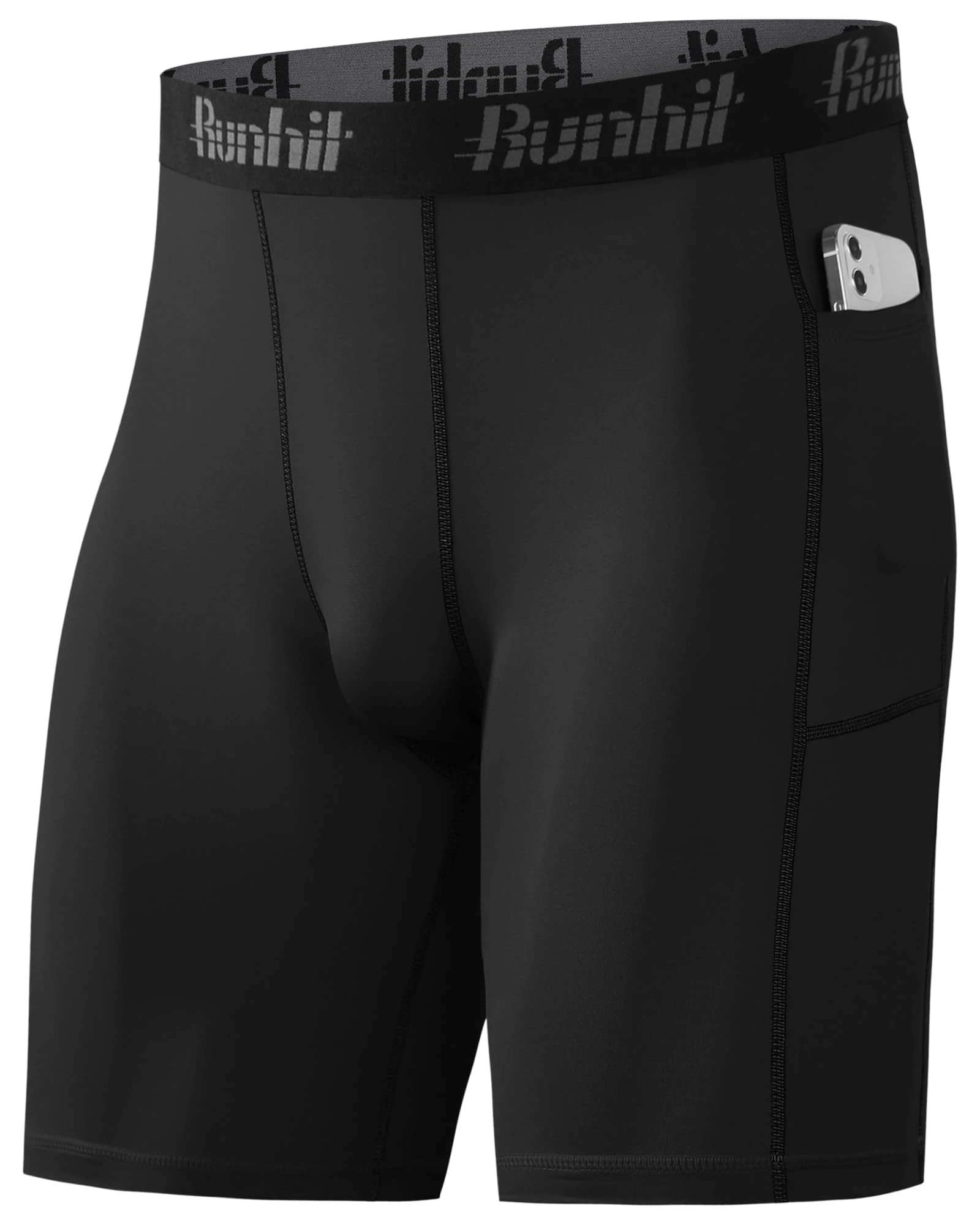 Runhit 1 or 2 Pack Compression Shorts Men, Moisture Wicking Anti Chafing Underwear Base Layer Shorts Quick Dry Spandex Fabric Sport Tights with Phone Pockets for Running Gym Cycling Workout Black XL