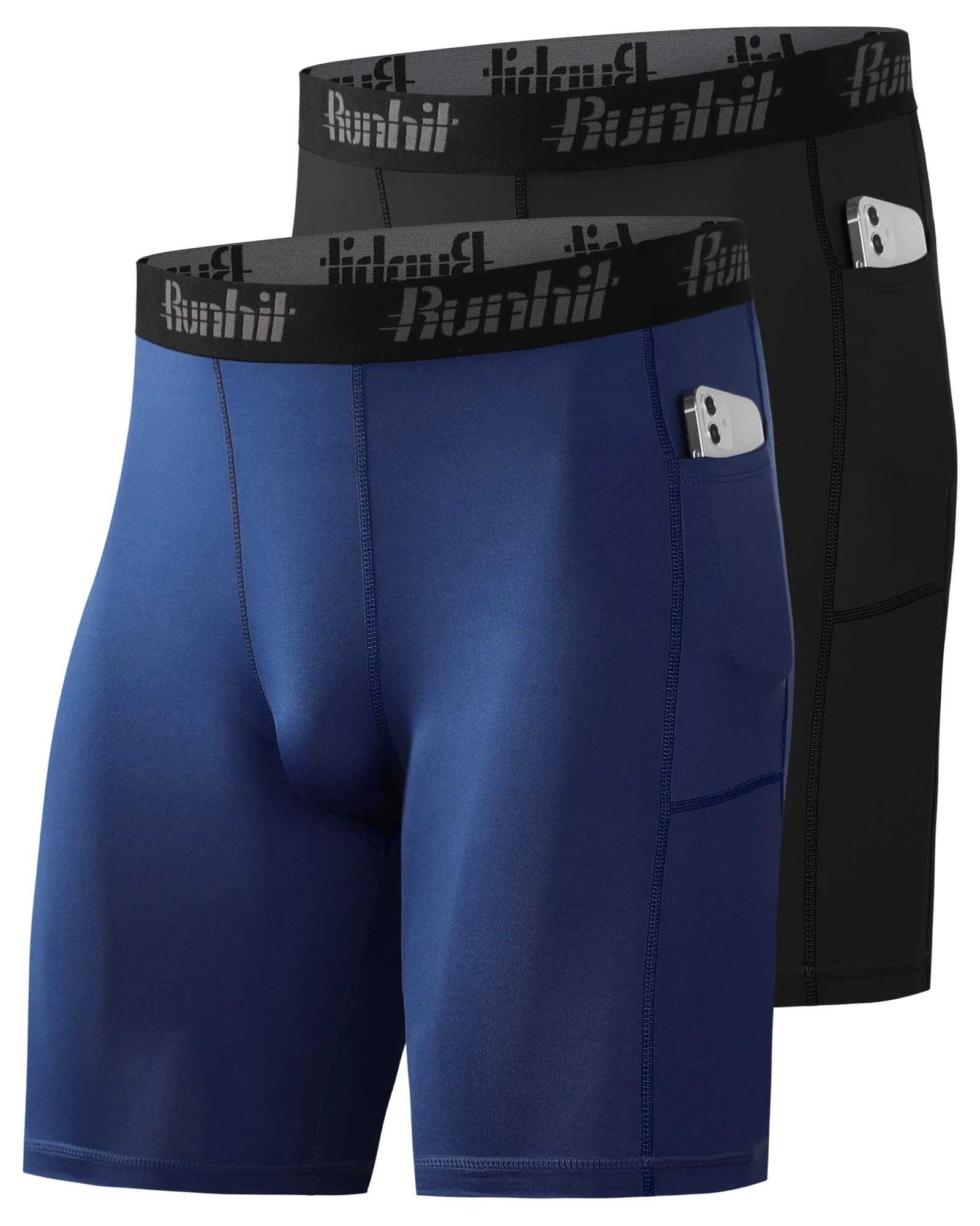 Runhit Mens Compression Shorts, 1 or 2 Packs Anti Chafing Moisture Wicking Underwear Quick Dry Spandex Fabric Base Layer Shorts Sport Undershorts with Pockets for Cycling Running Gym Black/Navy L