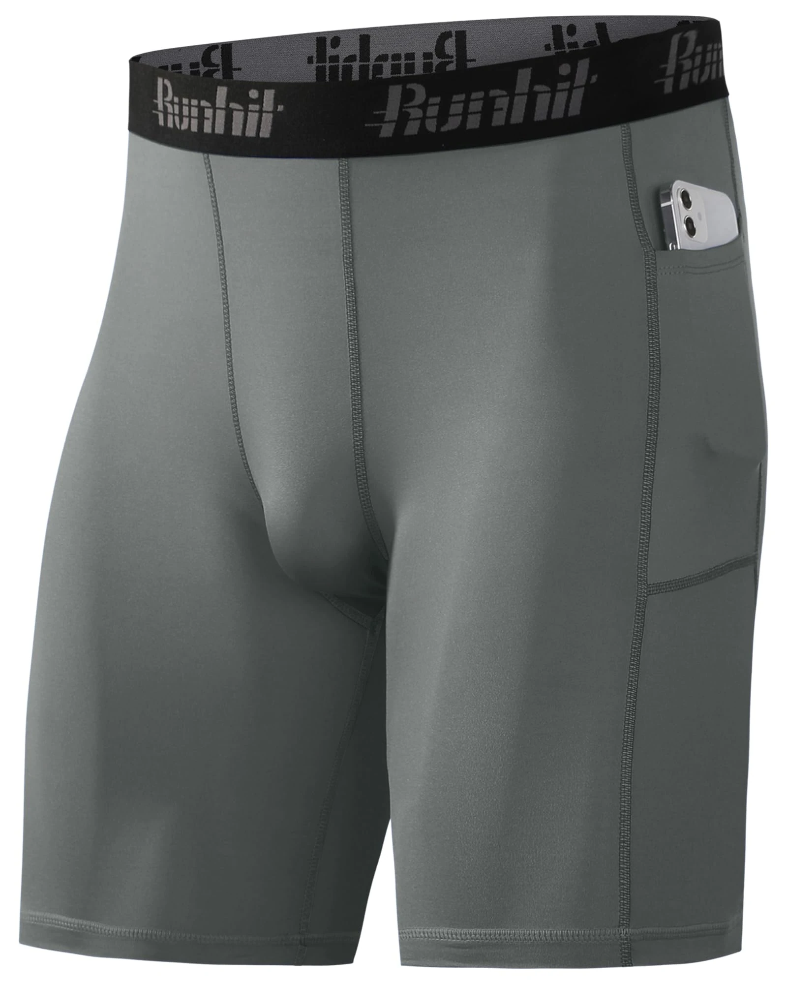 Runhit 1 or 2 Pack Compression Shorts Men with Phone Pockets, Moisture Wicking Anti Chafing Underwear Base Layer Running Shorts, Quick Dry Spandex Fabric Tights for Cycling Gym Workout Grey XL