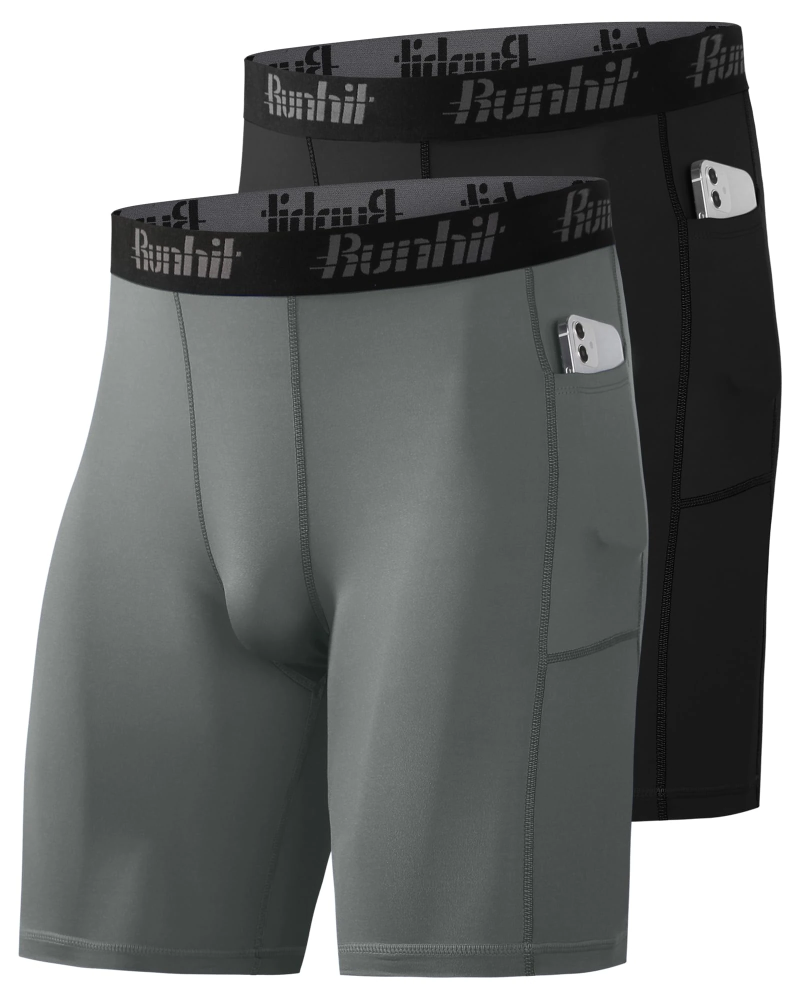Runhit Mens Compression Shorts, 1 or 2 Pack Moisture Wicking Underwear Anti Chafing Underwear Base Layer Shorts Quick Dry Spandex Sport Tights with Pockets for Cycling Running Gym Black/Grey L