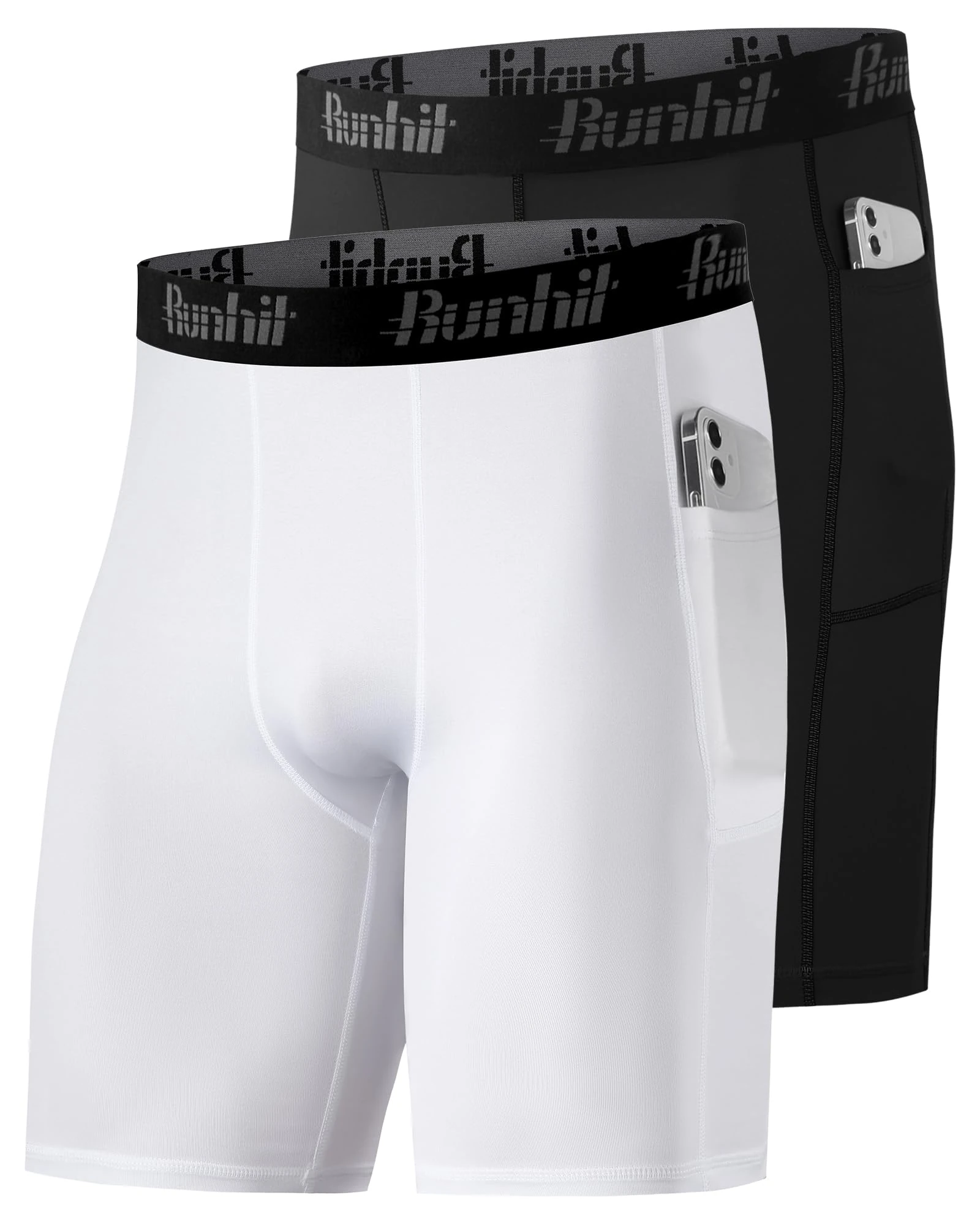 Runhit 1 or 2 Pack Mens Compression Shorts with Phone Pockets, Anti Chafing Underwear Quick Dry Spandex Base Layer Shorts Moisture Wicking Tights for Running Cycling Gym Sport Black/White XL