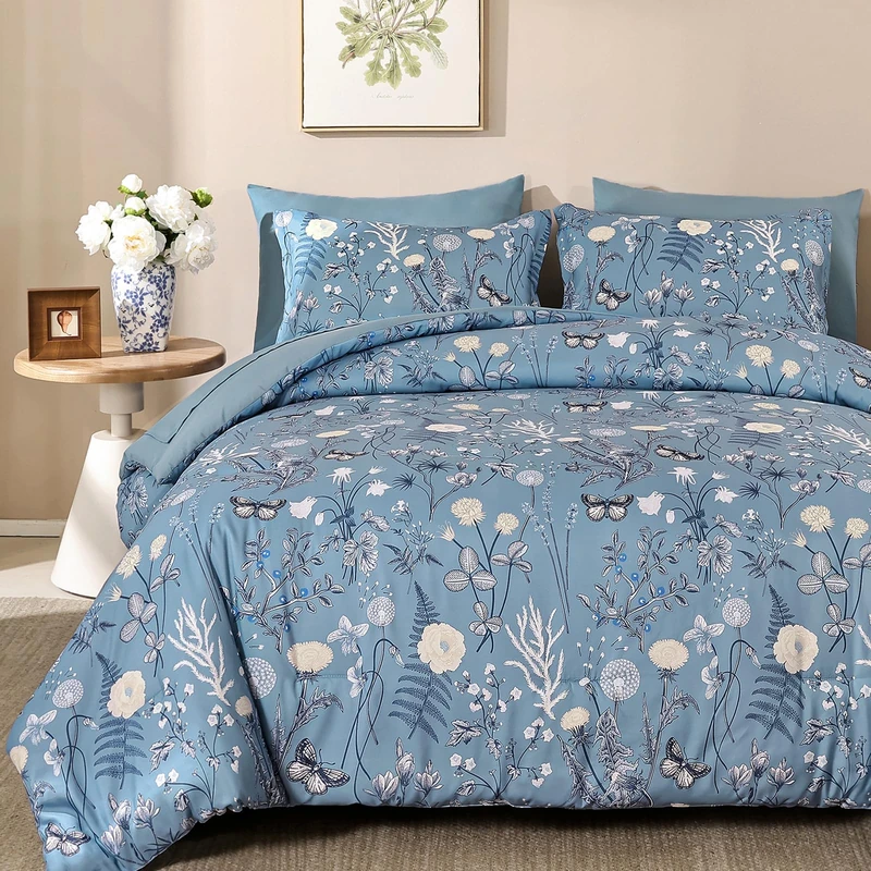 Yiran Blue Comforter Set King Size, 7 Piece Floral Comforter Bedding Set, Botanical Farmhouse Bed in a Bag, Soft Microfiber Complete Bedding Set with Sheets for All Season