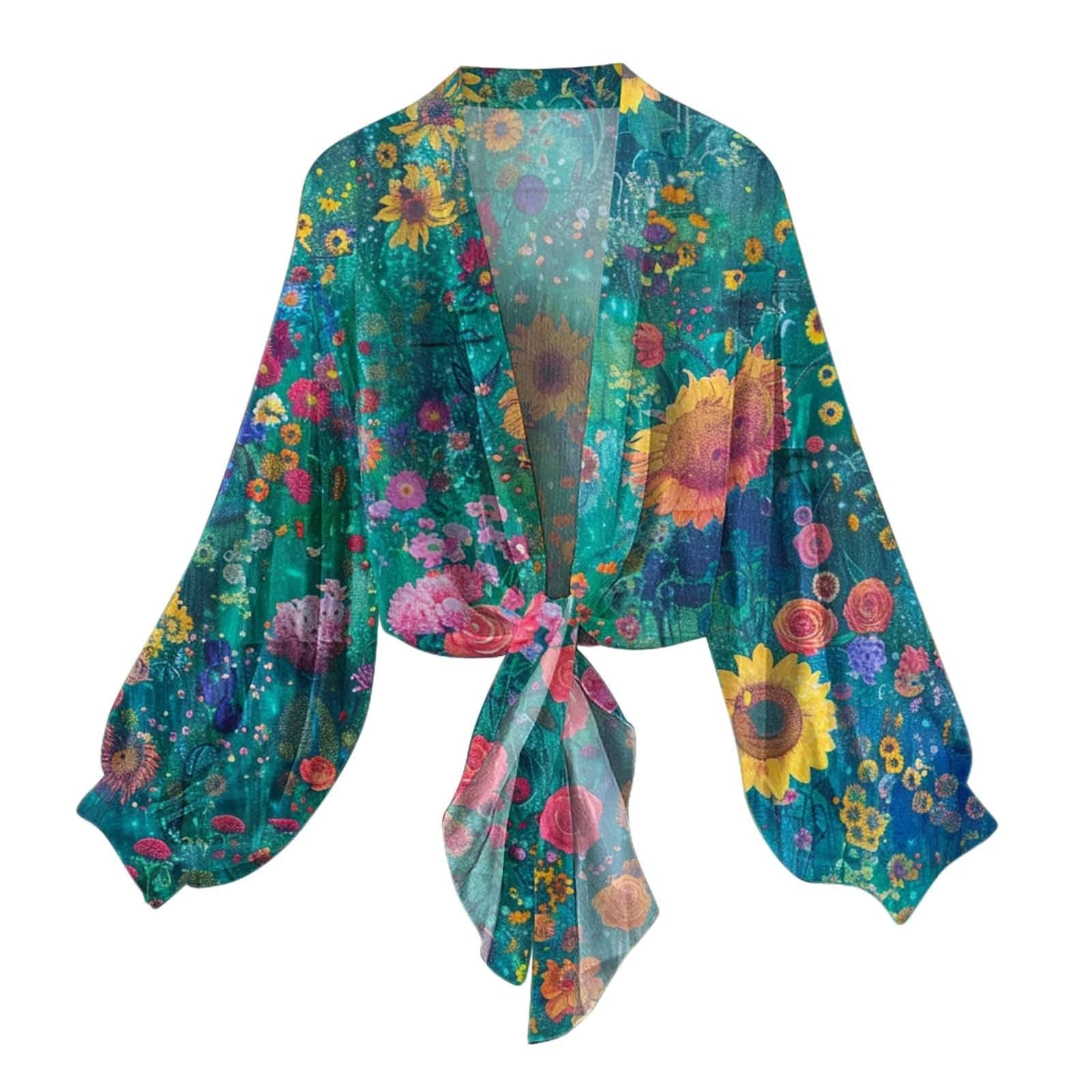 NSICBMNO Bolero Shrug Lightweight Summer Cardigan Long Sleeve Shrugs Kimono Beach Cover Up Chiffon Cardigan Floral Tops Loose Capes Tie Front Bolero