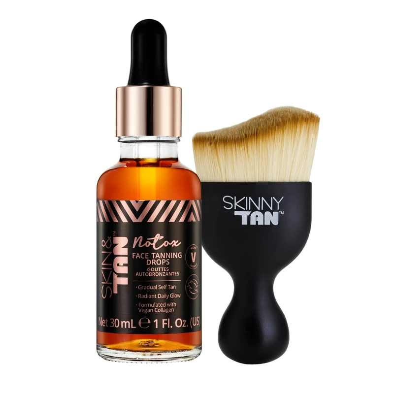Skinny Tan Self-Tanning Face Drops – Customisable Self Tanner – Natural-Looking Fake Tan for Face – Gradual Face Self Tan Serum with Vegan Collagen 30ml Plus Miracle Brush Bundle.