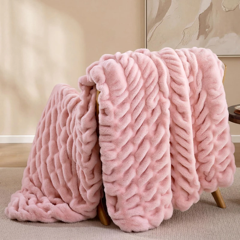 Smoofy Blush Pink Throw Blanket for Couch – Ultra Soft Cozy Plush Fluffy Blanket with Faux Rabbit Fur, Fuzzy Lightweight Fleece for Sofa, Bed & Office, Gift for Women, Home Room Decor Throw 60"x80"