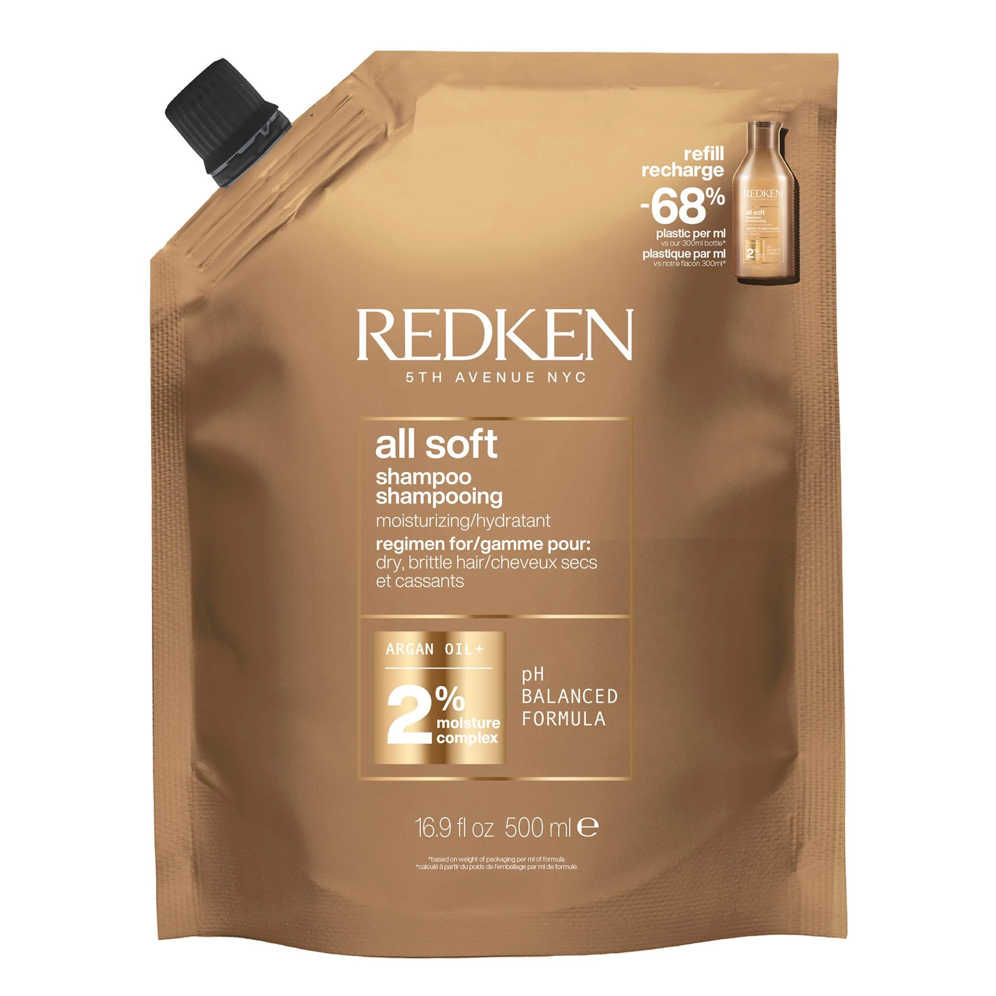 Redken Haircare All Soft Shampoo, Intense Softness & Shine, Argan-Enriched Moisture Complex, For Dry Hair, Refill Pouch, 500ml