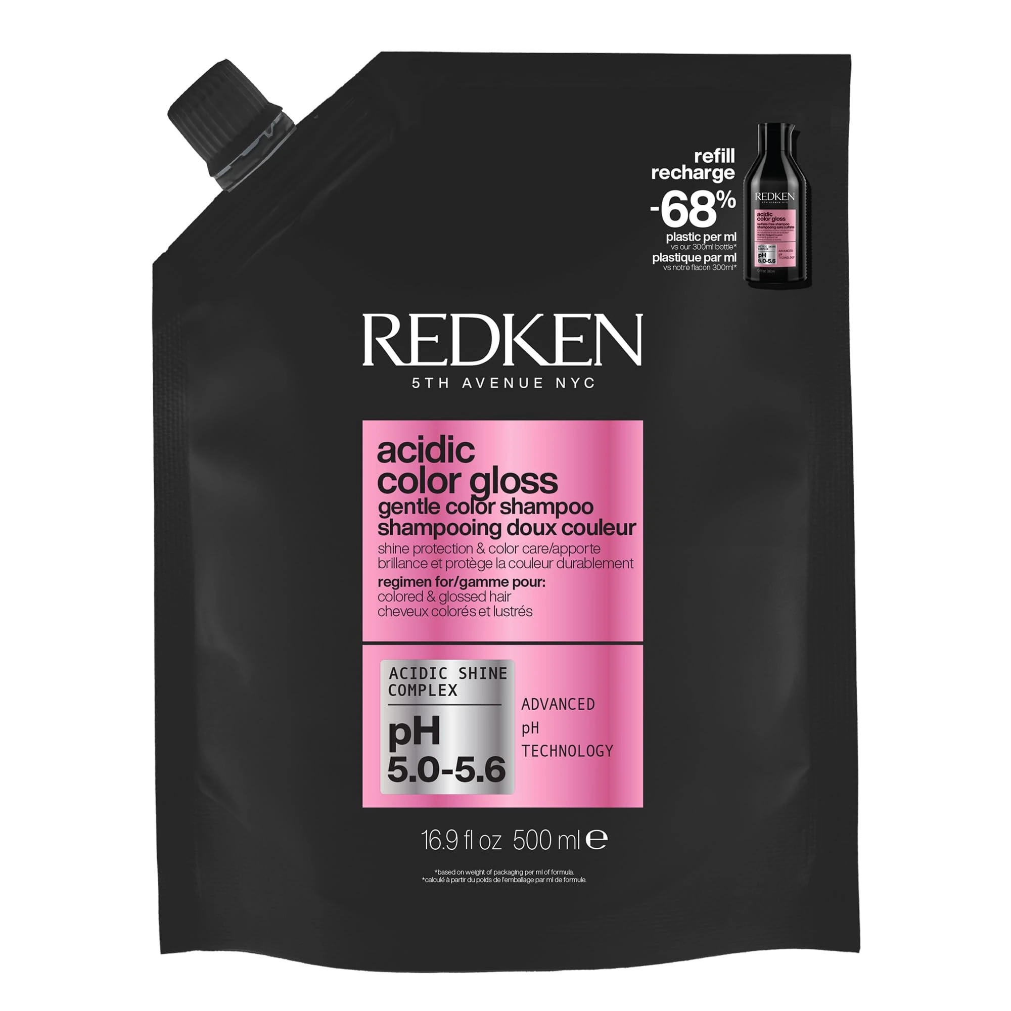 Redken Haircare Acidic Color Gloss Shampoo, Sulphate-Free, Shine Protection, Colour Care, Unique Acidic Shine Complex, Refill Pouch, 500ml