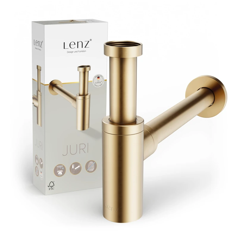 Lenz Juri 46090041 Designer Siphon for All Standard Sinks - Type 1 1/4 Inch - Pipe Lengths Extra Long and Adjustable - with Cleaning Opening and Odour Trap - Anti-Fingerprint Surface - Gold