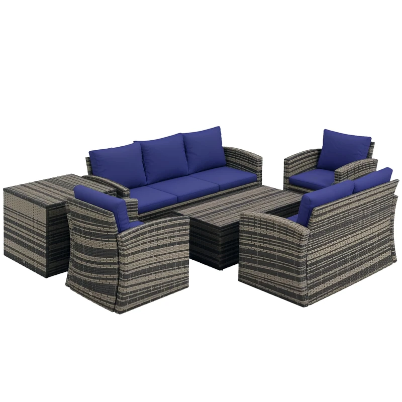 Outsunny 6 Pieces Rattan Garden Furniture Set, 7 Seater Wicker Outdoor Furniture Set with Storage Tea Table & Side Table, Sectional Garden Sofa Set with Cushions, Navy Blue
