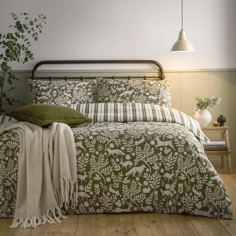 furn. Skandi Woodland Duvet Cover Set – Reversible Striped Scandinavian Forest Animals Brushed Cotton Bedding (Thyme Green - Super King) - Image 1