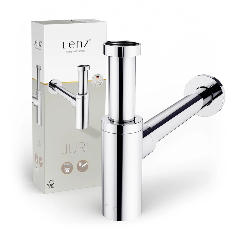 Lenz Juri 46090002 Designer Siphon for All Standard Sinks - Type 1 1/4 Inch - Pipe Lengths Extra Long and Adjustable - with Cleaning Opening and Odour Trap - High Material Quality - Chrome