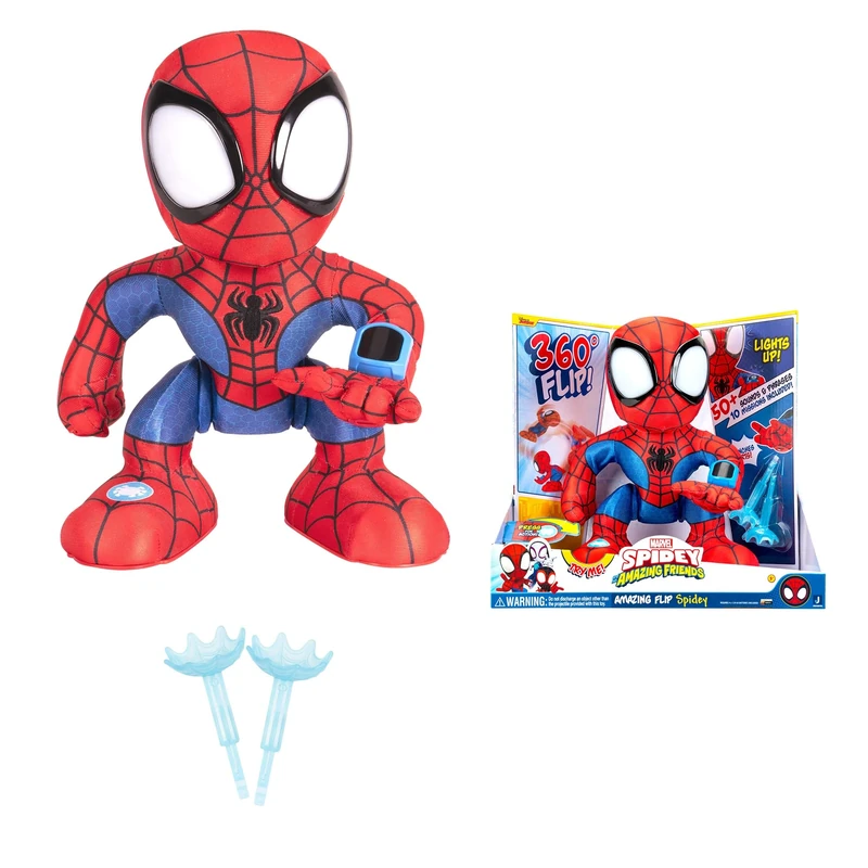 Spidey and His Amazing Friends Amazing Flip Spidey - 12-Inch Animatronic Plush with Lights, Sounds, and Web Dart Launcher - Marvel Spidey toys