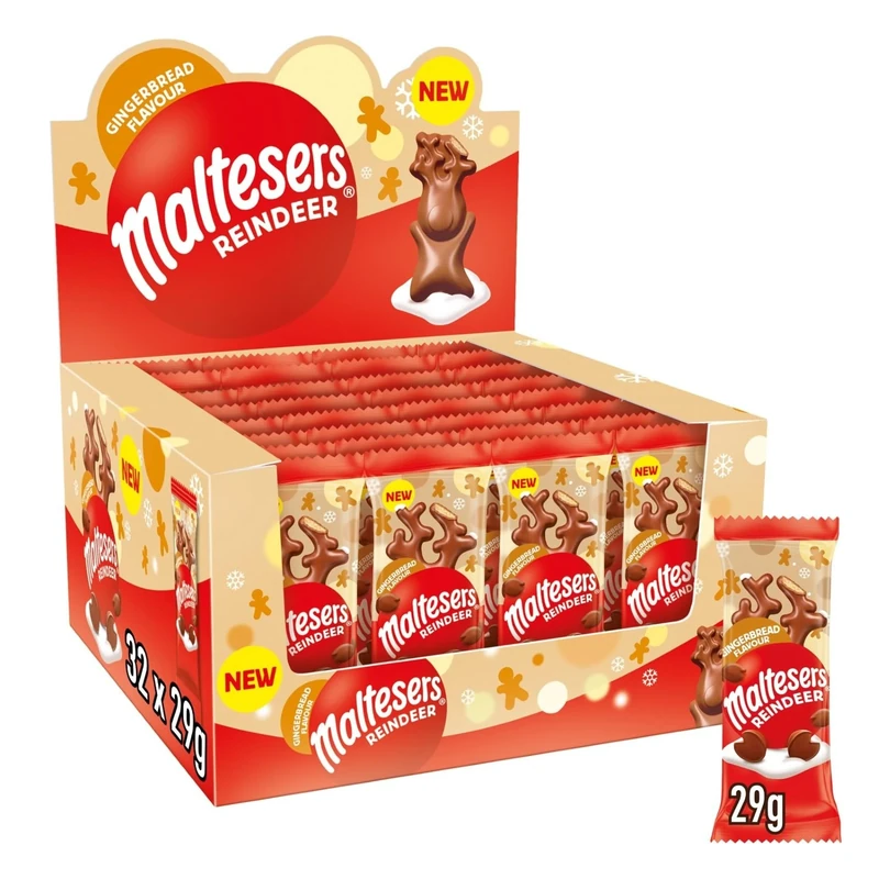 Maltesers Gingerbread Flavour Reindeers, Milk Chocolate, Malt, & Honeycomb, Christmas Chocolate Treats, 32x29g Case