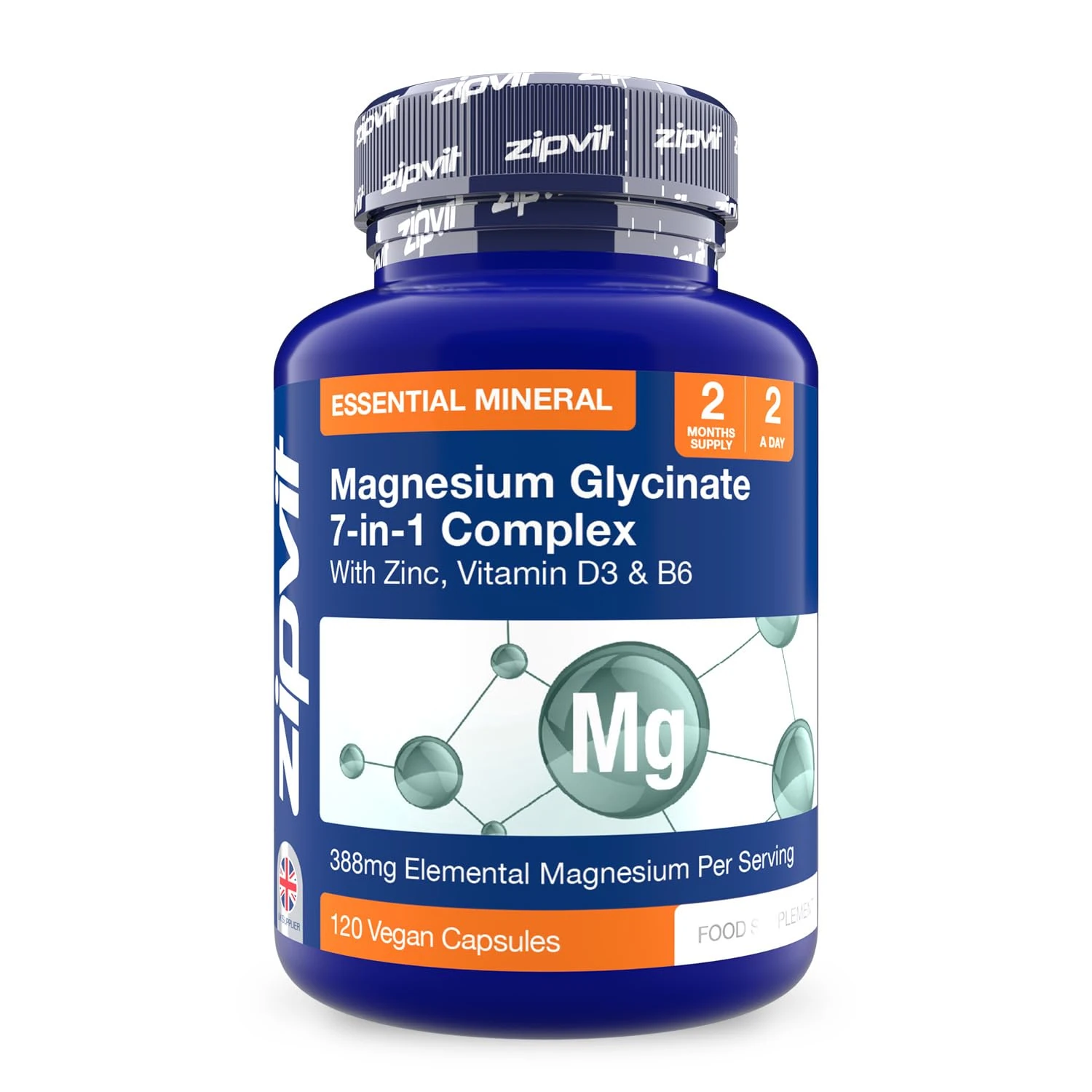 Zipvit Magnesium Glycinate 7-in-1 Complex, 1800mg with 388mg Elemental, High Absorption with Bisglycinate, Malate, Citrate, Oxide, Plus Vitamin D3, B6 & Zinc, 120 Capsules, Vegan Magnesium Supplements