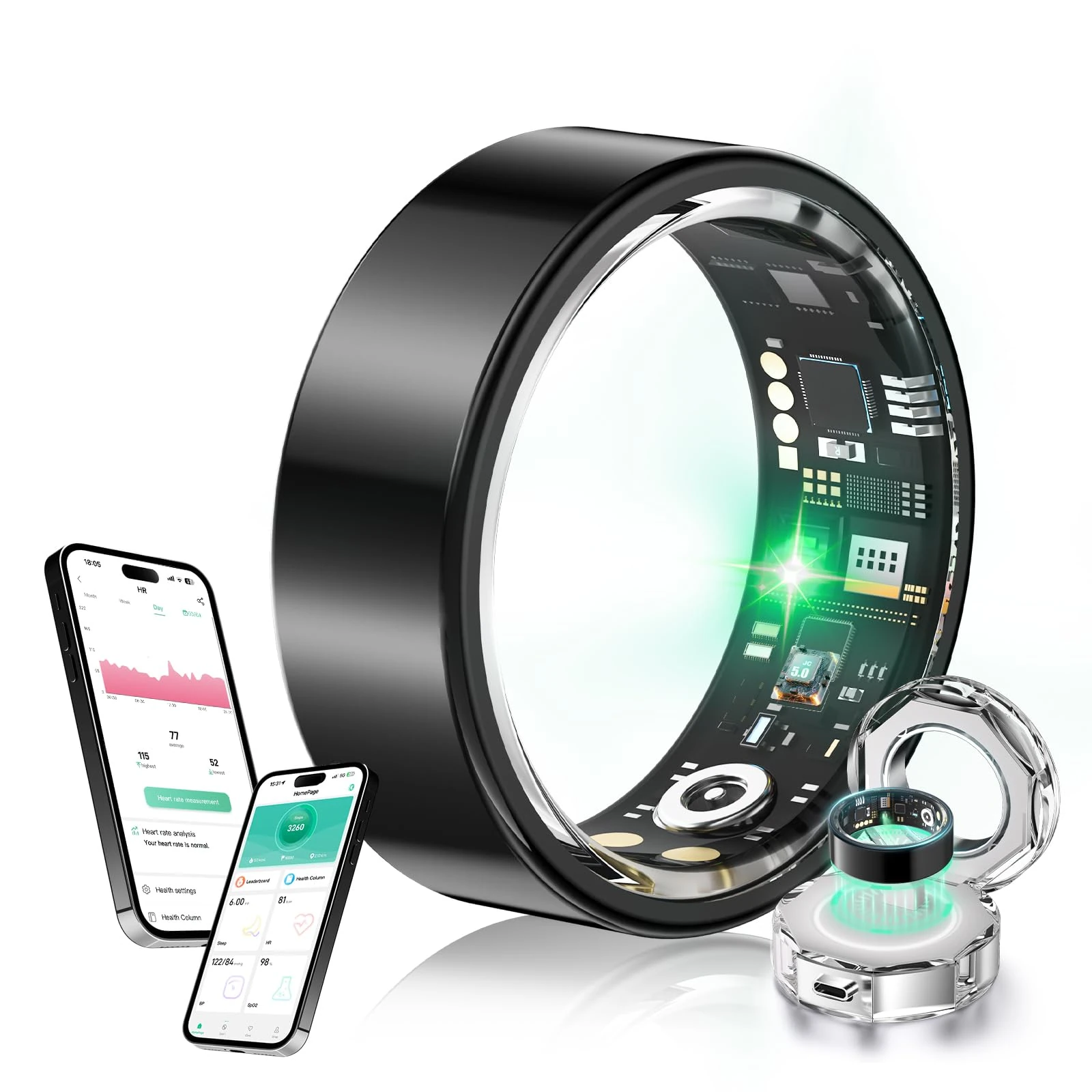 XSWCCJJ New Upgraded Smart RingJZ5.0 Chip & 0 Measurement Error IP68 Waterproof | Smart Ring Women & Men For Sports Time, Distance, Calories Waterproof Compatible Blcak 8#