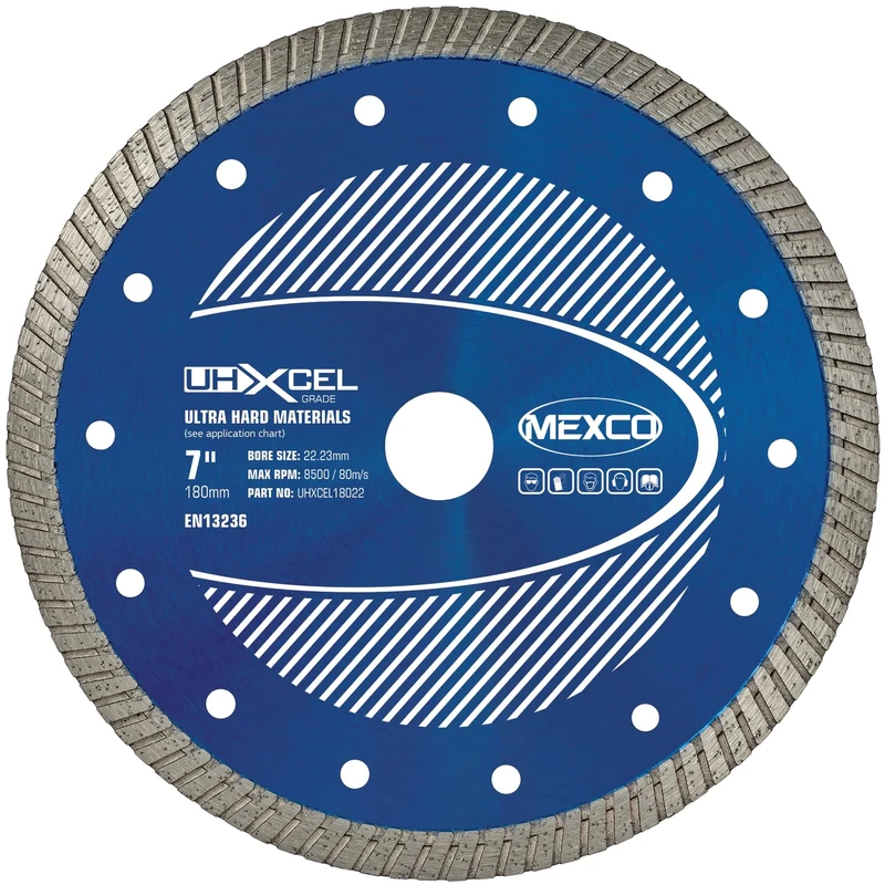 Mexco UHX Ultra Hard Materials Diamond Blade, High-Performance, Precision Cutting Disc for Granite, Porcelain, Marble - 180mm, 10mm Segment Height, 22.23mm Bore