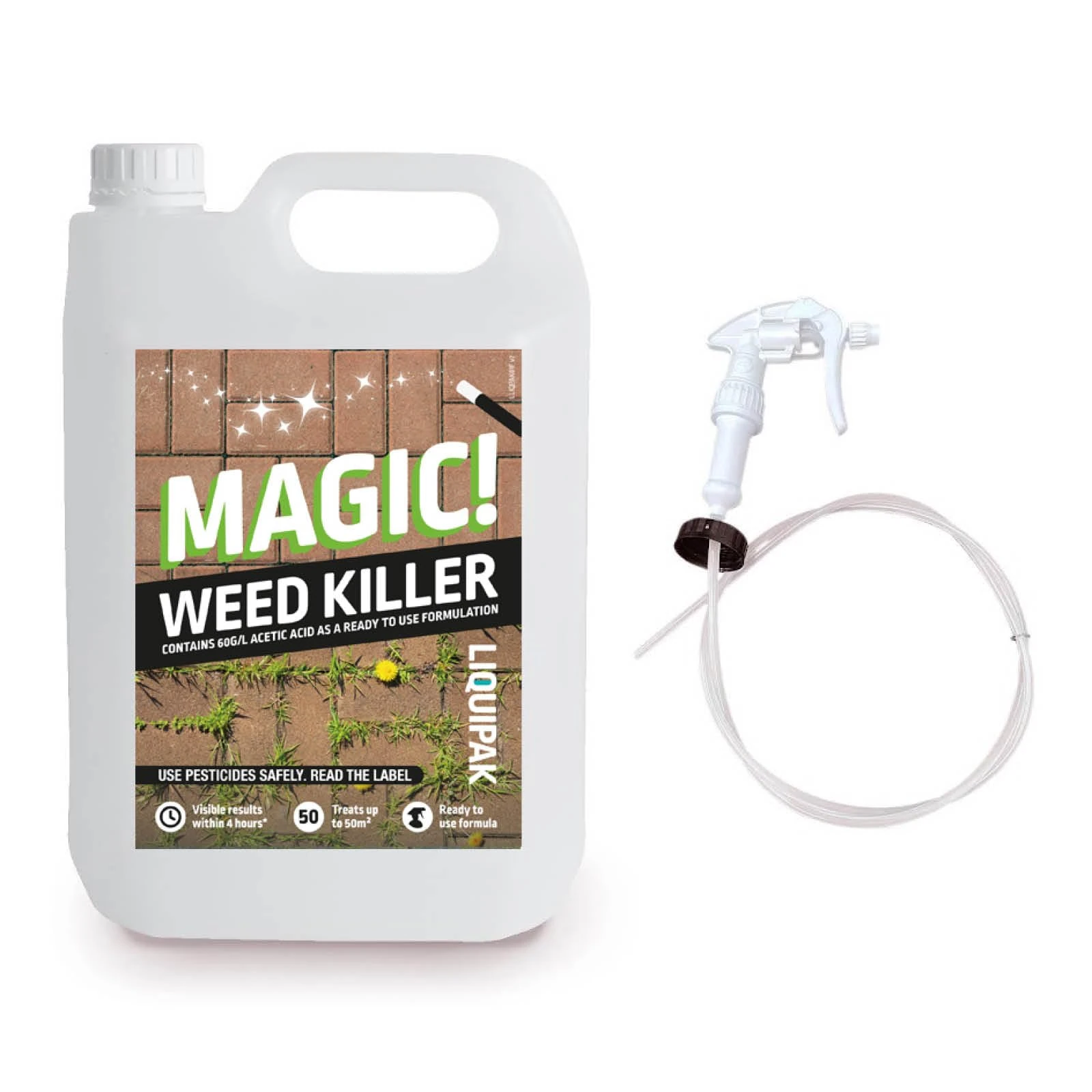 Liquipak Magic Weed Killer 5 Litres - Glyphosate-Free, Fast-Acting Formula, Safe for Pets & Children Once Dry, Ready-to-Use Weed Control for Patios, Paths, Driveways & More - Includes Hose Trigger