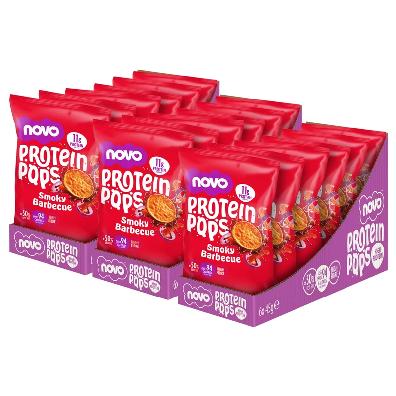 Novo Nutrition | Protein Pops | Healthy Savoury Snack with High Protein, Low Sugar and High Fibre | 3 x (6 x 45g) | Barbeque