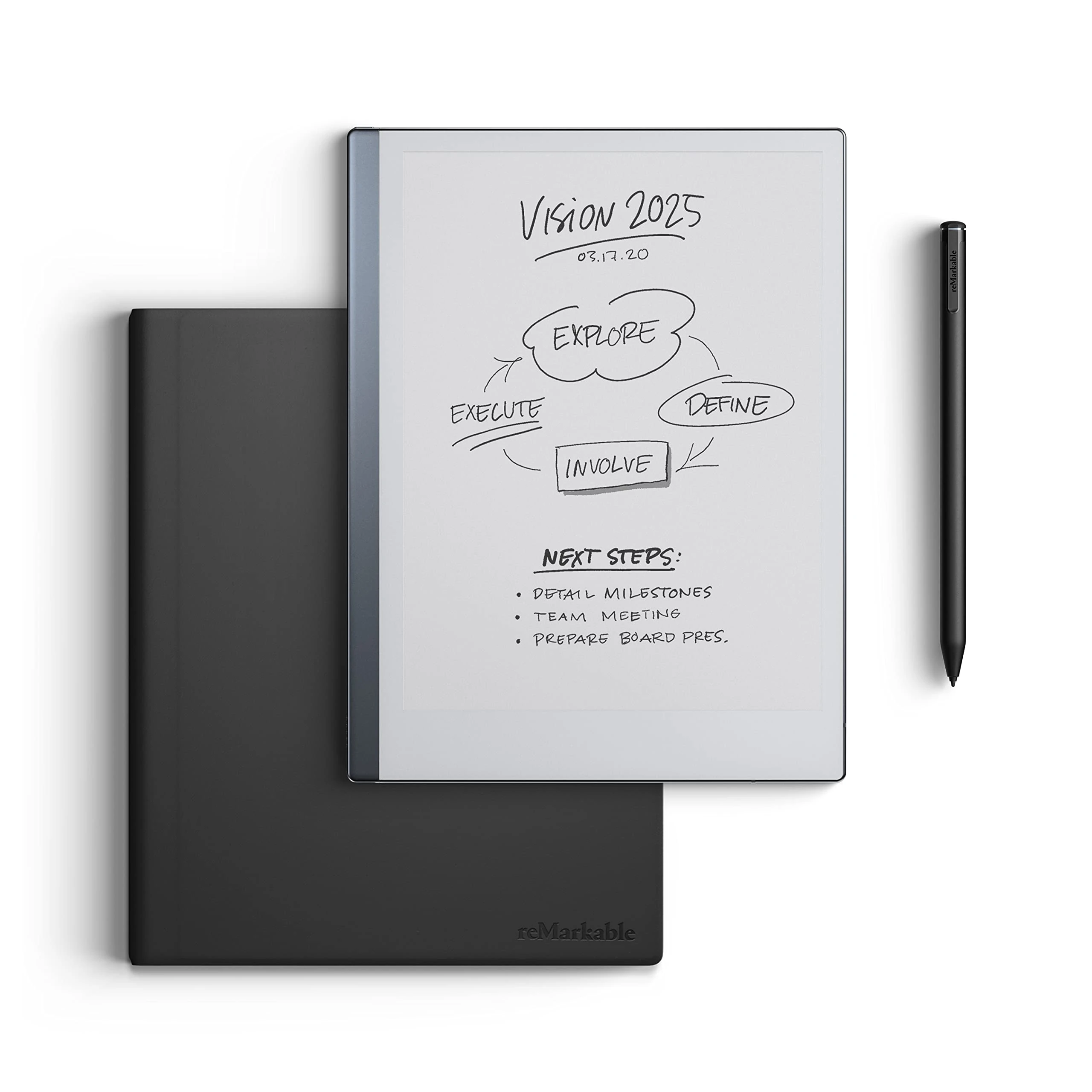 reMarkable 2 Bundle - Leather Folio | 10.3'' reMarkable 2 Paper Tablet, Marker Plus Pen With Built-in Eraser and Book Folio Case in Black Premium Leather
