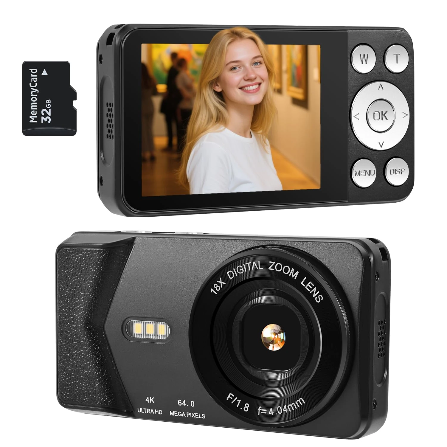 4K UHD Digital Camera, 64MP Autofocus Vlogging Camera 18X Zoom, Compact Digital Point and Shoot Camera with Anti-Shake&Built-in Battery, Small Travel Camera for Adult Beginners Teens, 32GB Card