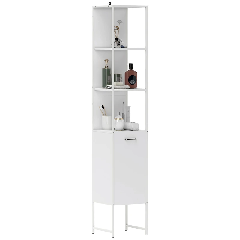 HOMCOM Tall Bathroom Cabinet, Slim Bathroom Storage Cabinet with 3 Open Shelves and Adjustable Shelf, Freestanding Storage Cupboard, 33 x 33 x 185 cm, White