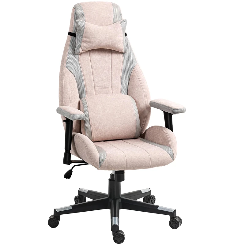 HOMCOM Gaming Chair with Lumbar Support, Headrest for Adults, Fabric Desk Computer Chair with Adjustable Height and Armrest, 360° Swivel for Home Office, Pale Pink