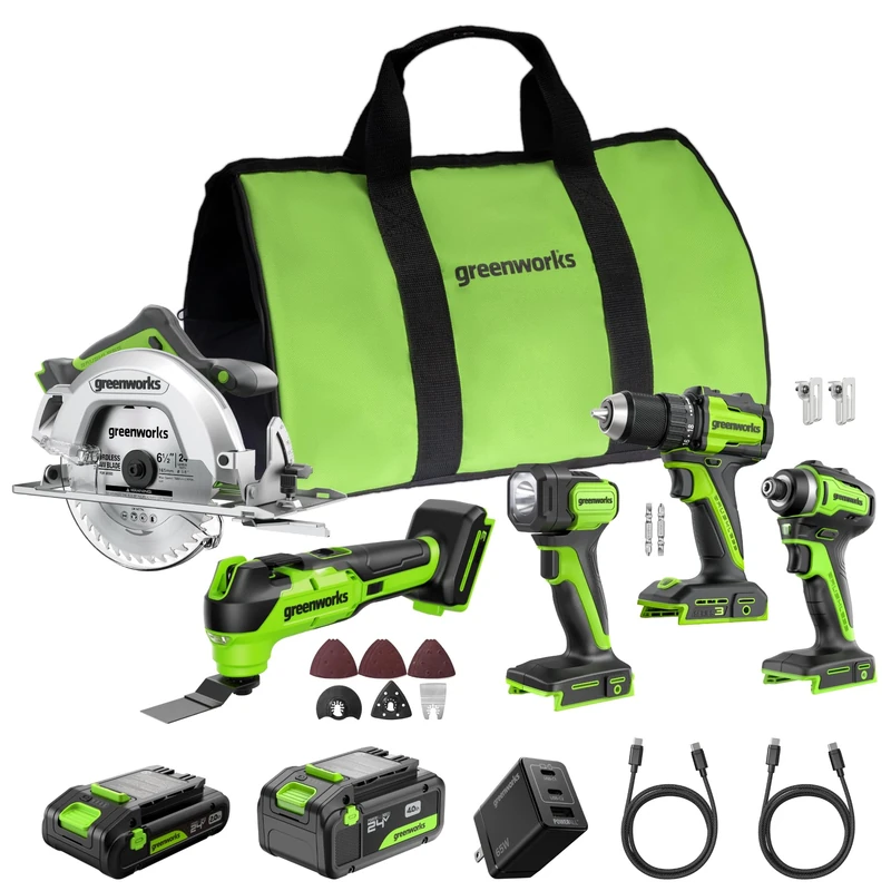 Greenworks 24V Cordless (5-Tool) Combo Kit – 45Nm Drill + 220Nm Impact Driver+ 6.5" Circular Saw+ Multi-Tool+ Flashlight, 4.0Ah + 2.0Ah USB-C Batteries, 65W Fast Charger,(2) Cables CK351