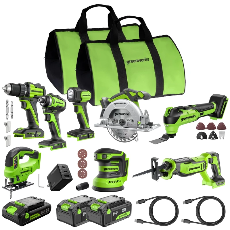 Greenworks 24V Cordless (8-Tool) – Drill +Impact Driver+Circular Saw+Reciprocating Saw+Jigsaw+Multi-Tool+Sander+Flashlight, 4.0Ah + 2×2.0Ah Batteries, 65W Fast Charger,(2) Cables CK381