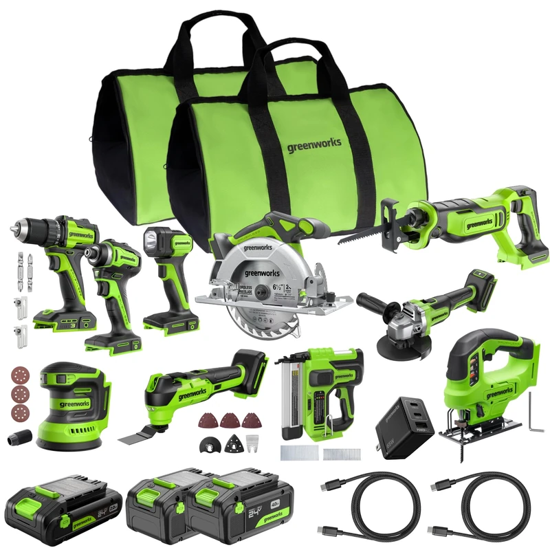 Greenworks 24V Brushless Power Tool Set, 10 Pieces, Drill, Impact Screwdriver, Circular Saw, Recipe Saw, Grinder, Light, Multitool, Nail Machine