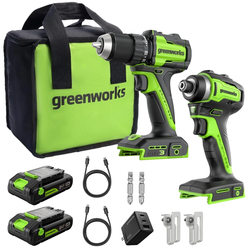 Greenworks 24V Brushless 45Nm Drill Driver & 220Nm Impact Driver Kit, 1/2" Metal Chuck, Includes 2× 2.0Ah USB-C Batteries (12,000 mAh) & 65W USB-C Fast Charger, 3.3 FT Braided Cable CK321
