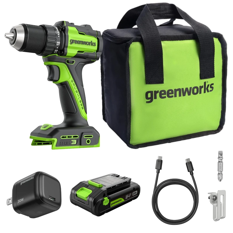 Greenworks 24V BL Drill + Driver 45Nm KIT (Bag S +2Ah USB +30W Chargers (EU+UK) +100W Cable)