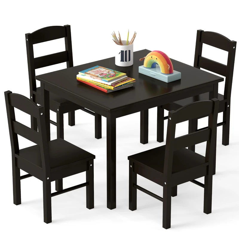 GYMAX Kids Table with 4 Chairs, Wooden Children Desk & Chair Set, 5-Piece Toddler Activity Furniture for Playing, Learning and Eating (Dark Brown)