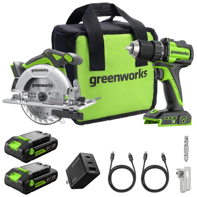 Greenworks 24V Brushless 45Nm Drill Driver & 6.5” Circular Saw 265mm Kit (4,800 RPM), Includes 2× 2.0Ah USB-C Batteries (12,000 mAh) & 65W USB-C Fast Charger, 3.3 FT Braided Cable CK322