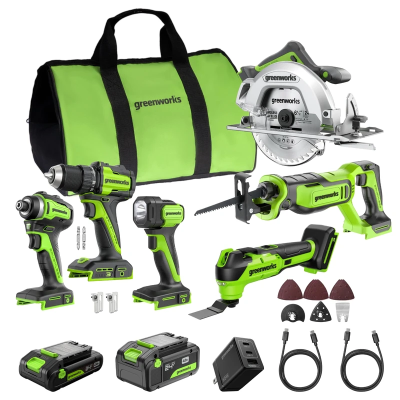Greenworks 24V Cordless (6-Tool) Combo Kit – Drill +Impact Driver+Circular Saw+Reciprocating Saw+Multi-Tool+Flashlight, 4.0Ah + 2.0Ah Battery, 65W Fast Charger,(2) Cables CK361