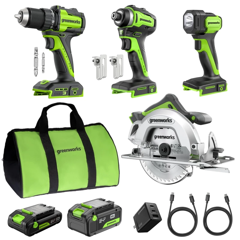 Greenworks 24V Cordless (4-Tool) Combo Kit – 45Nm Drill + 220Nm Impact Driver+ 6.5" Circular Saw+ 200Lm Flashlight, 4.0Ah + 2.0Ah Batteries, 65W Fast Charger, (2) Braided Cables CK341