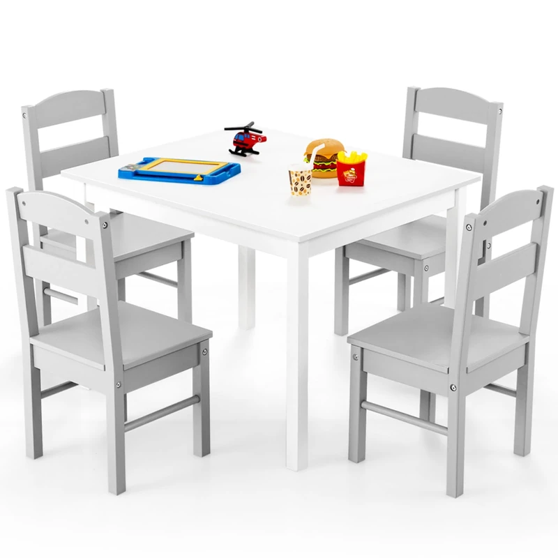 GYMAX Kids Table with 4 Chairs, Wooden Children Desk & Chair Set, 5-Piece Toddler Activity Furniture for Playing, Learning and Eating (Grey+White)