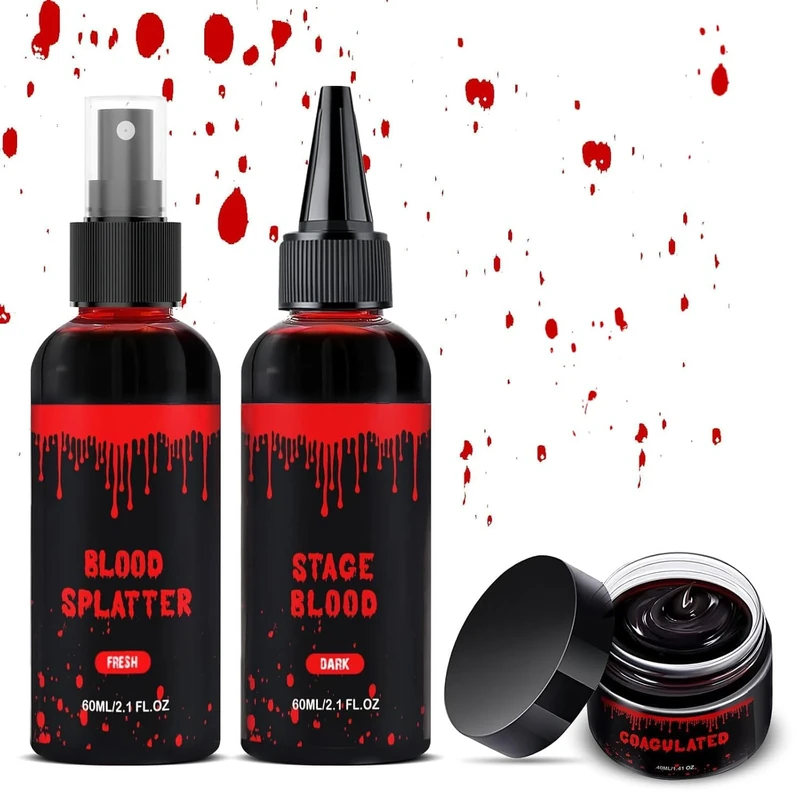 Halloween Fake Blood Makeup Kits - Blood Spray 60ml+ Coagulated Gel 60ml + Dripping 40ml - 3PCS, Washable Realistic SFX Makeup Set for Clothes, Face, Zombie, Vampire Cosplay