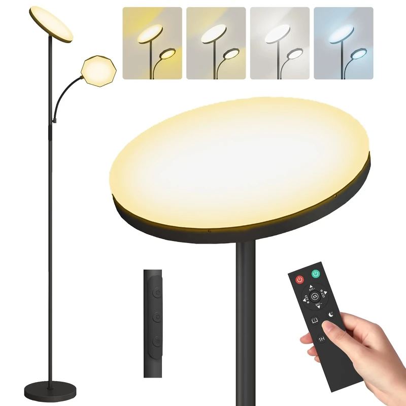 HOMCOM LED Floor Lamp for Living Room, Stepless Dimmable Standing Lamp, Mother and Child Uplighter with Reading Light, 4 Scene Modes, 2700K-6500K Colour Temps, 4 Brightness Levels, Remote Control