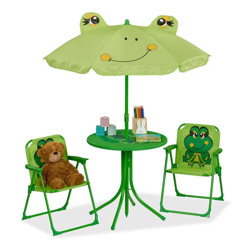 Relaxdays Children’s Camping Furniture Set with Parasol, Folding Chairs & Table, Kids’ Garden Ensemble, Frog, Green, 49.5 x 49.5 cm
