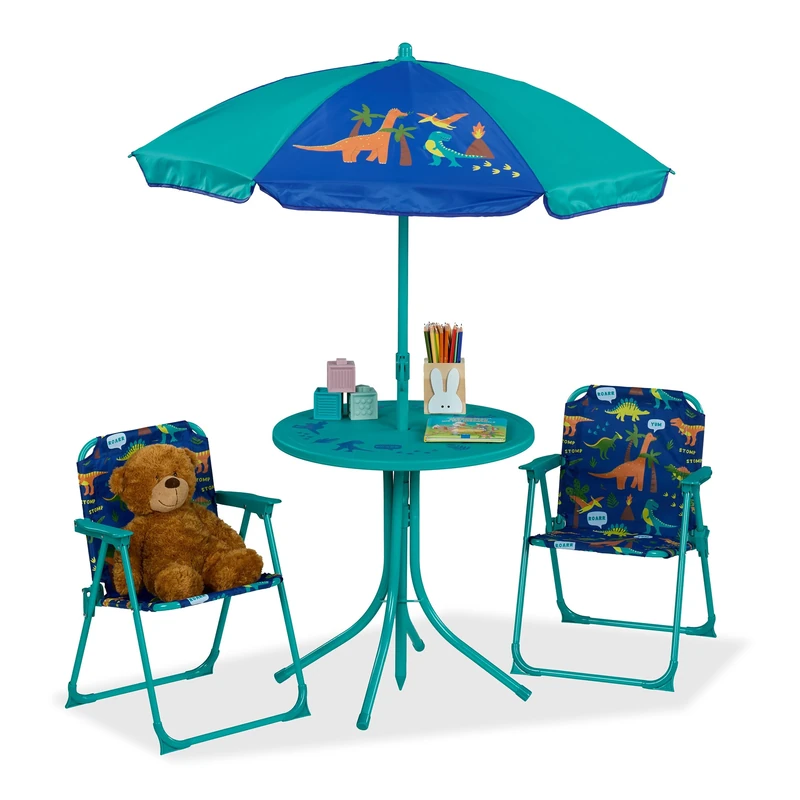 Relaxdays Children’s Camping Furniture Set with Parasol, Folding Chairs & Table, Garden Ensemble, Dinosaur, Turquoise