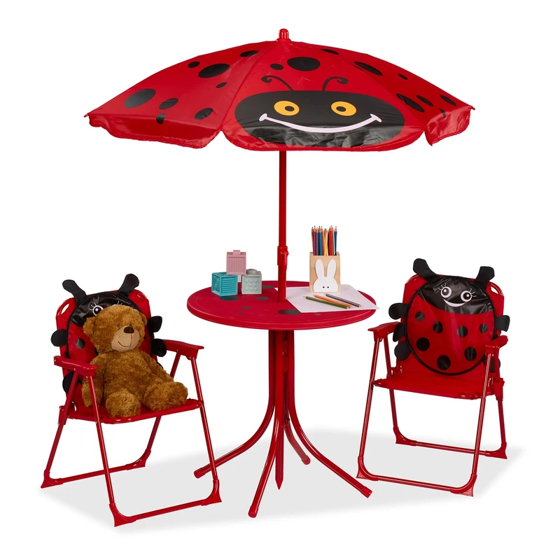 Relaxdays Children’s Camping Furniture Set with Parasol, Folding Chairs & Table, Kids’ Garden Ensemble, Ladybird, Red, 49.5 x 49.5 cm