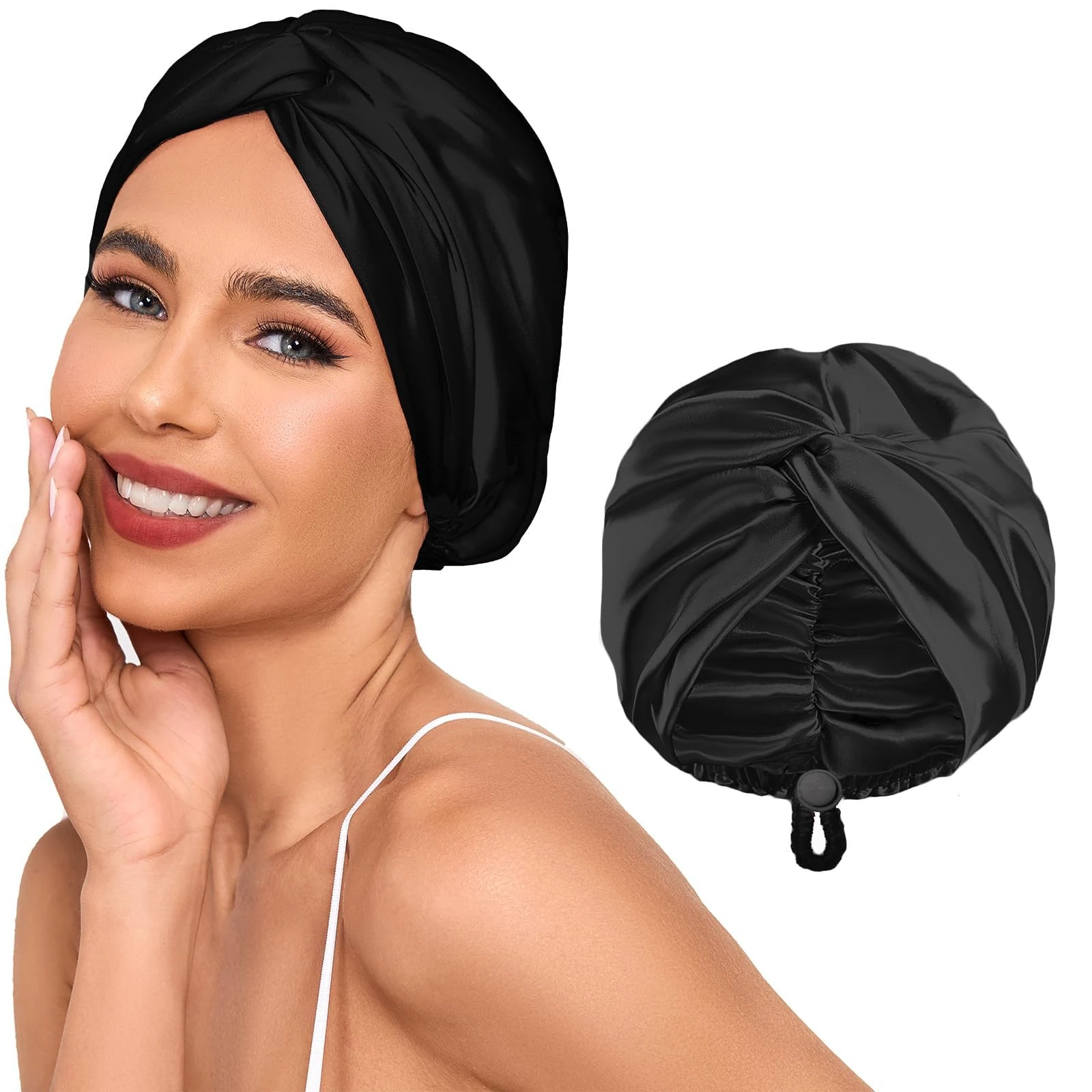 Adjustable Silk Satin Hair Bonnet for Sleeping Women, Double Layer, Silk Hair Wrap for Sleeping Women Men, Curly Natural Braid Straight Unisex (Black)