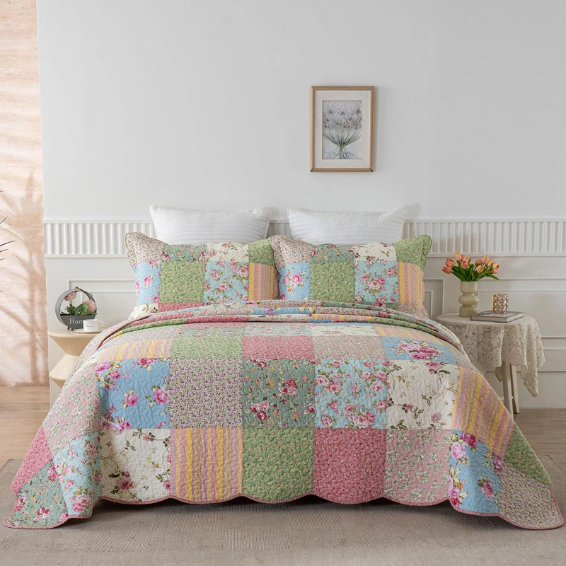 YAYIDAY Quilt King Size Patchwork Bedspread Set - 100% Cotton Reversible Breathable Floral Quilted Quilt with Pillow Shams Fit All Season