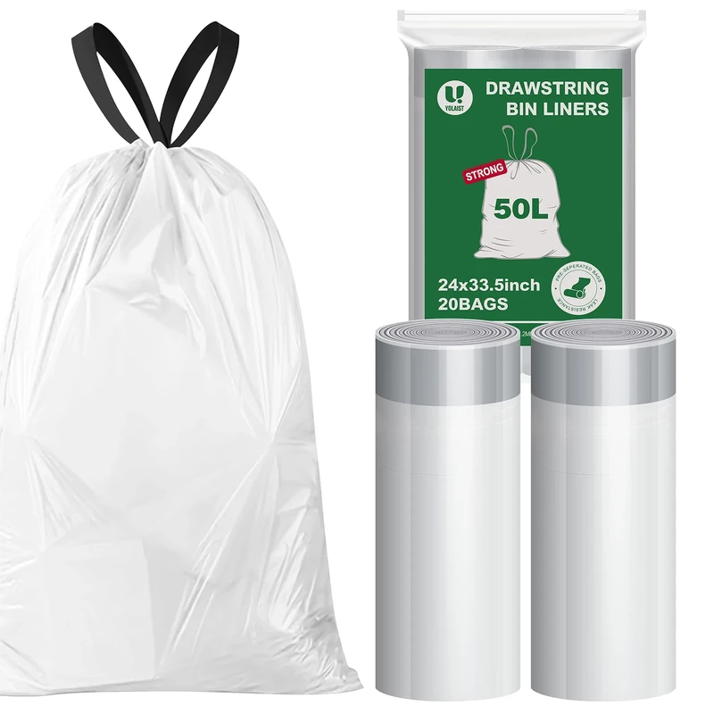 Yolaist 50L Bin Bags Heavy Duty (20 Count) - 30μm Thick Leak-proof Bin Bags 50 Litre with Drawstring, Fit 50L Kitchen & Commercial Bins