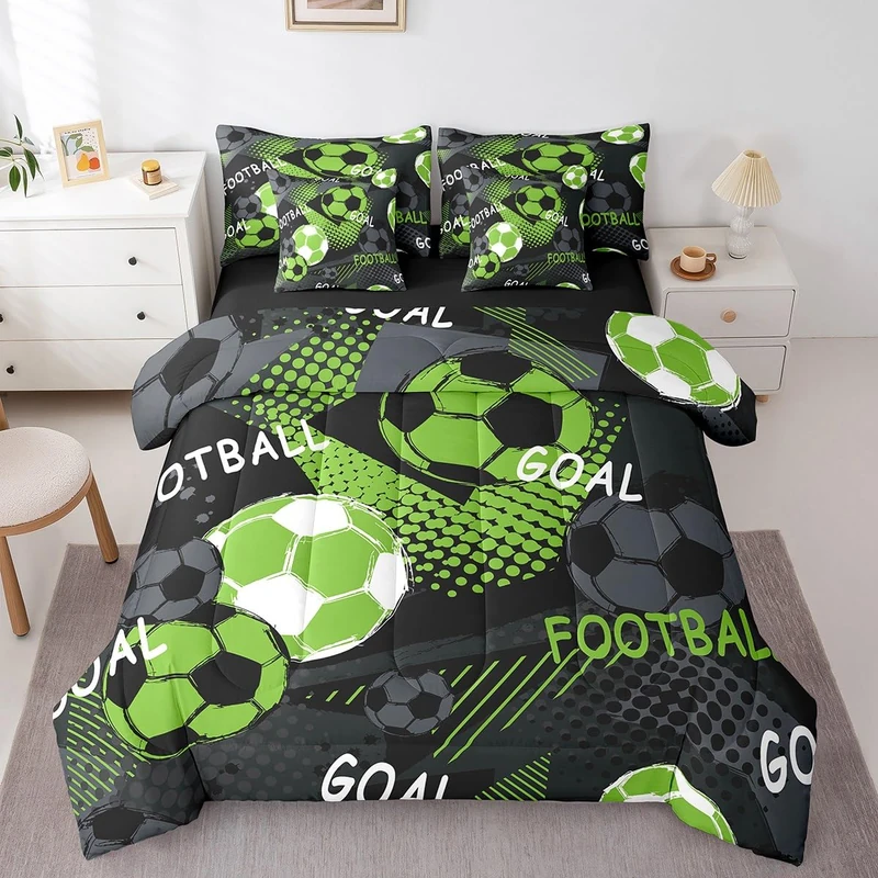 Feelyou Soccer Comforter Set with Sheets Kids Full Size 7 Pieces Football Bedding Set for Boys Girls Teens Geometric Ball Gaming Sports Theme Bed in a Bag Room Decor
