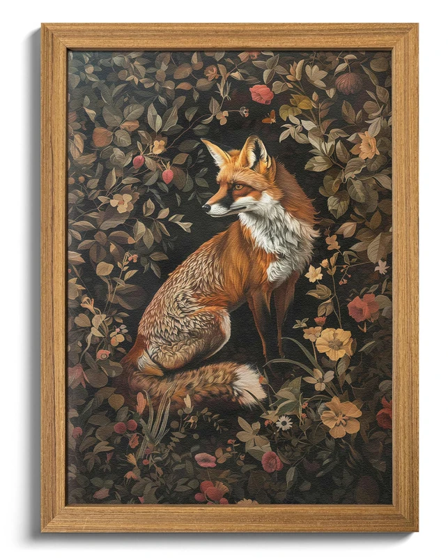 Framed 3D Textured Vintage Wall Art - Dark Academia Decor Hand Drawn Sandstone Fox Paintings with Botanical Florals, Aesthetic Wall Decor for Living Room Bedroom Home 24x36 inch