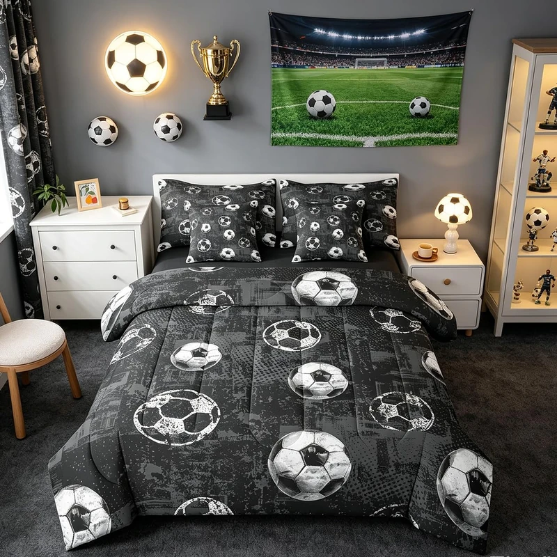 Feelyou Boys 3D Soccer Comforter Set with Sheets Queen Size 7 Pieces Kids Football Bedding Set for Girls Teens Sports Ball Gaming Bed in a Bag Room Decor