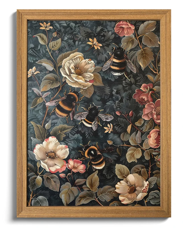 Framed 3D Textured Vintage Wall Art - Dark Academia Bumble Bee Hand Drawn Sandstone Paintings with Botanical Florals, Aesthetic Wall Decor for Living Room Bedroom Home 24x36 inch