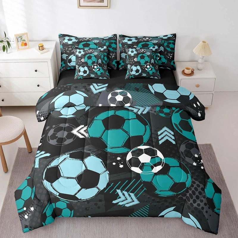 Feelyou Boys Soccer Comforter Set with Sheets Twin Size 7 Pieces Kids Football Bedding Set for Girls Teens Sports Ball Gaming Geometric Bed in a Bag Room Decor